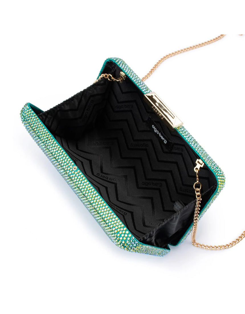 Olga Berg Edith iridescent green clutch bag with a sleek, shiny finish and elegant design.