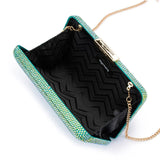 Olga Berg Edith iridescent green clutch bag with a sleek, shiny finish and elegant design.