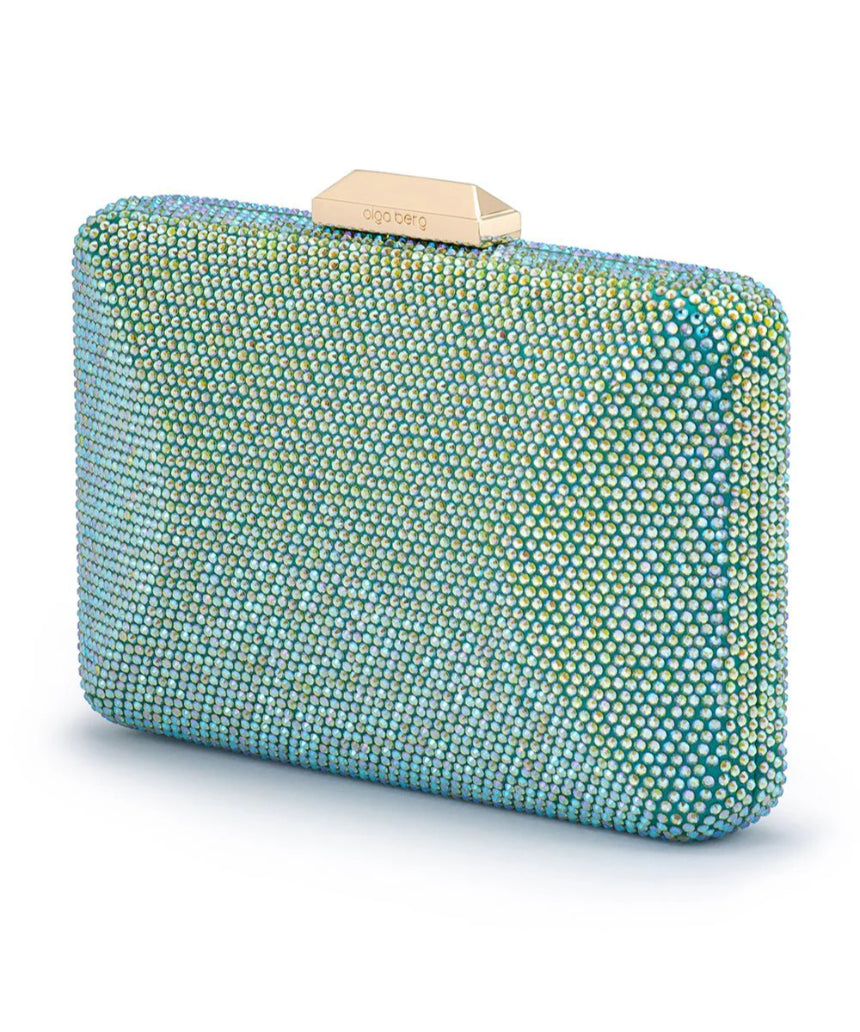 Olga Berg Edith iridescent green clutch bag with metallic finish and sleek design, featuring a compact, stylish accessory for evening wear.