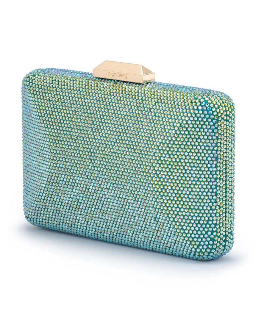 Olga Berg Edith iridescent green clutch bag with metallic finish and sleek design, featuring a compact, stylish accessory for evening wear.