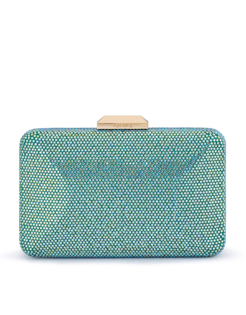 Olga Berg Edith iridescent clutch bag in vibrant green with a sleek, shiny finish and elegant design.