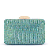 Olga Berg Edith iridescent clutch bag in vibrant green with a sleek, shiny finish and elegant design.