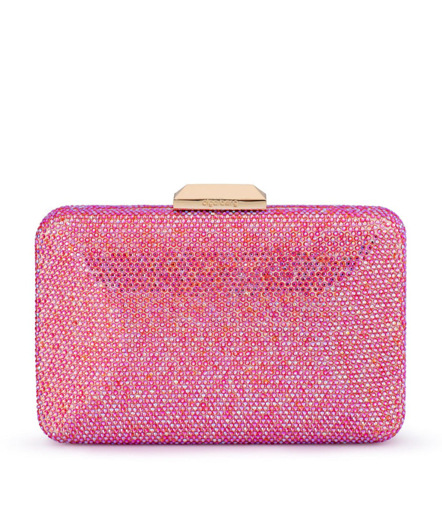 Olga Berg Edith iridescent pink clutch bag with a sleek, shiny finish and compact design for elegant occasions.