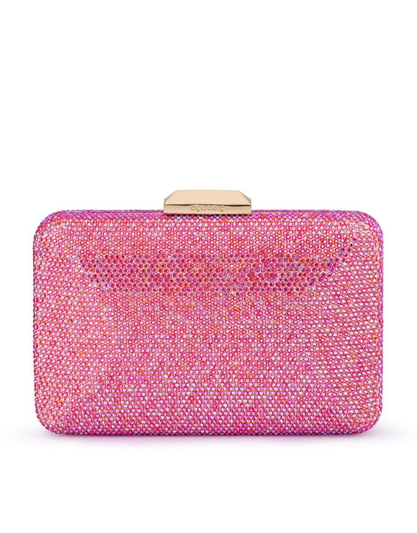 Olga Berg Edith iridescent pink clutch bag with a sleek, shiny finish and compact design for elegant occasions.