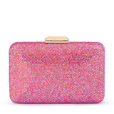 Olga Berg Edith iridescent pink clutch bag with a sleek, shiny finish and compact design for elegant occasions.
