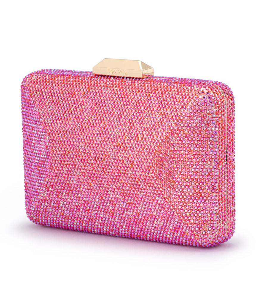 Olga Berg Edith iridescent pink clutch bag with a sleek, shiny finish and compact design for evening or special occasions.