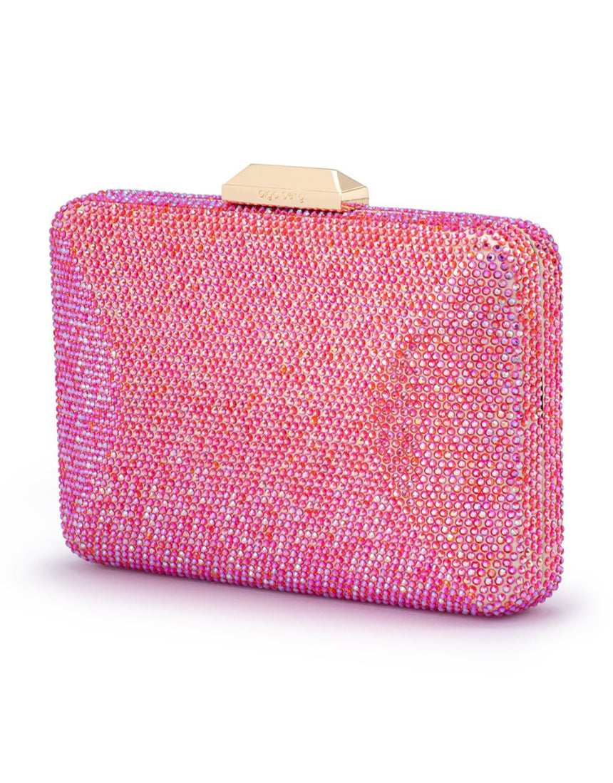 Olga Berg Edith iridescent pink clutch bag with a sleek, shiny finish and compact design for evening or special occasions.