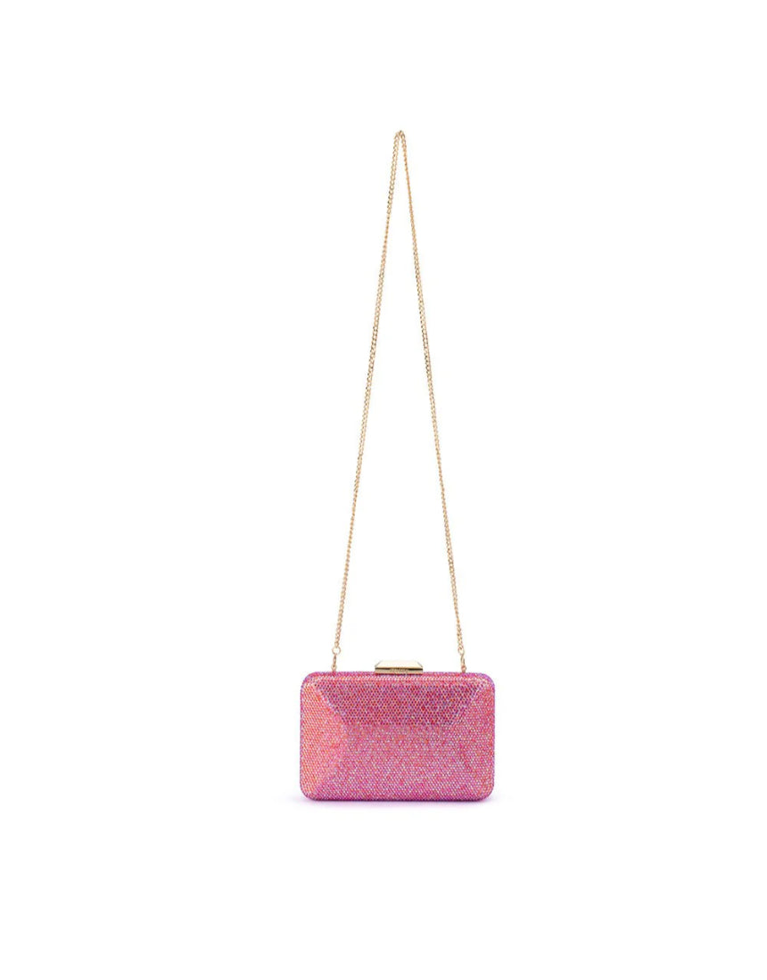 Olga Berg Edith iridescent pink clutch bag with a glossy finish and sleek design, perfect for evening occasions.