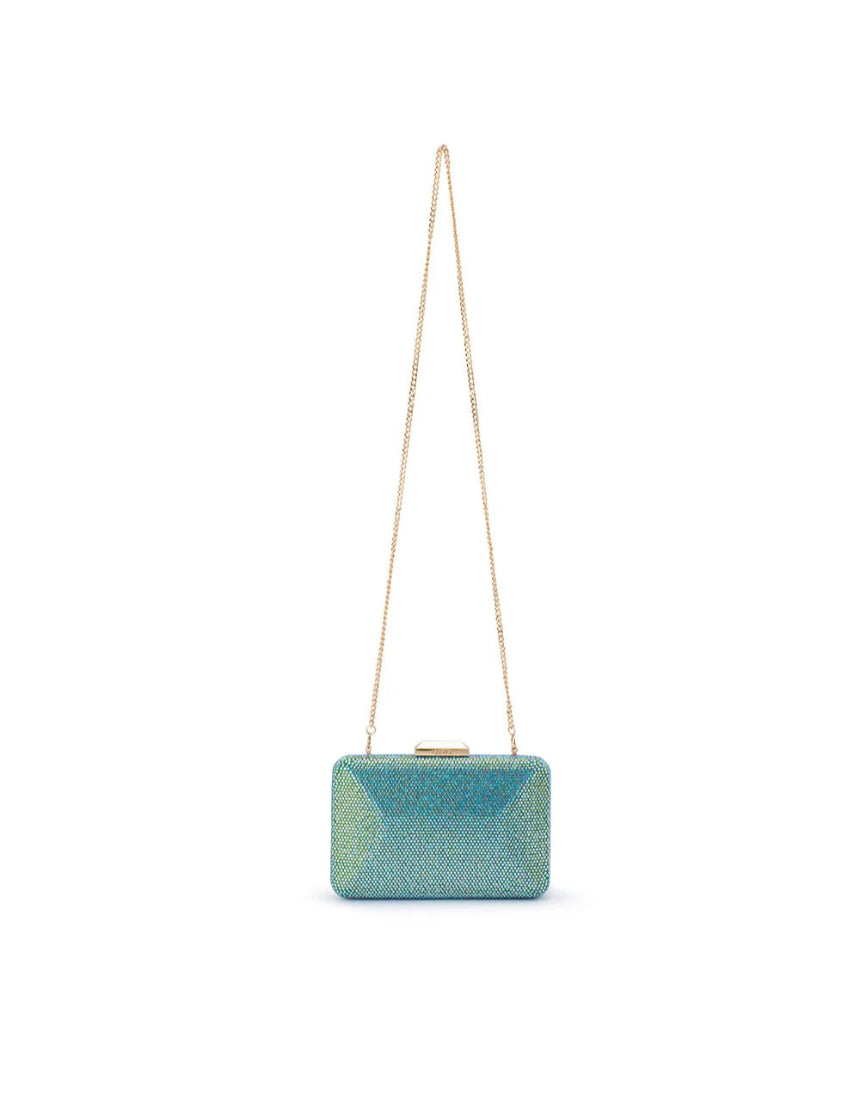 Olga Berg Edith iridescent clutch bag in green with a sleek, glossy finish and compact design for evening essentials.