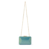 Olga Berg Edith iridescent clutch bag in green with a sleek, glossy finish and compact design for evening essentials.