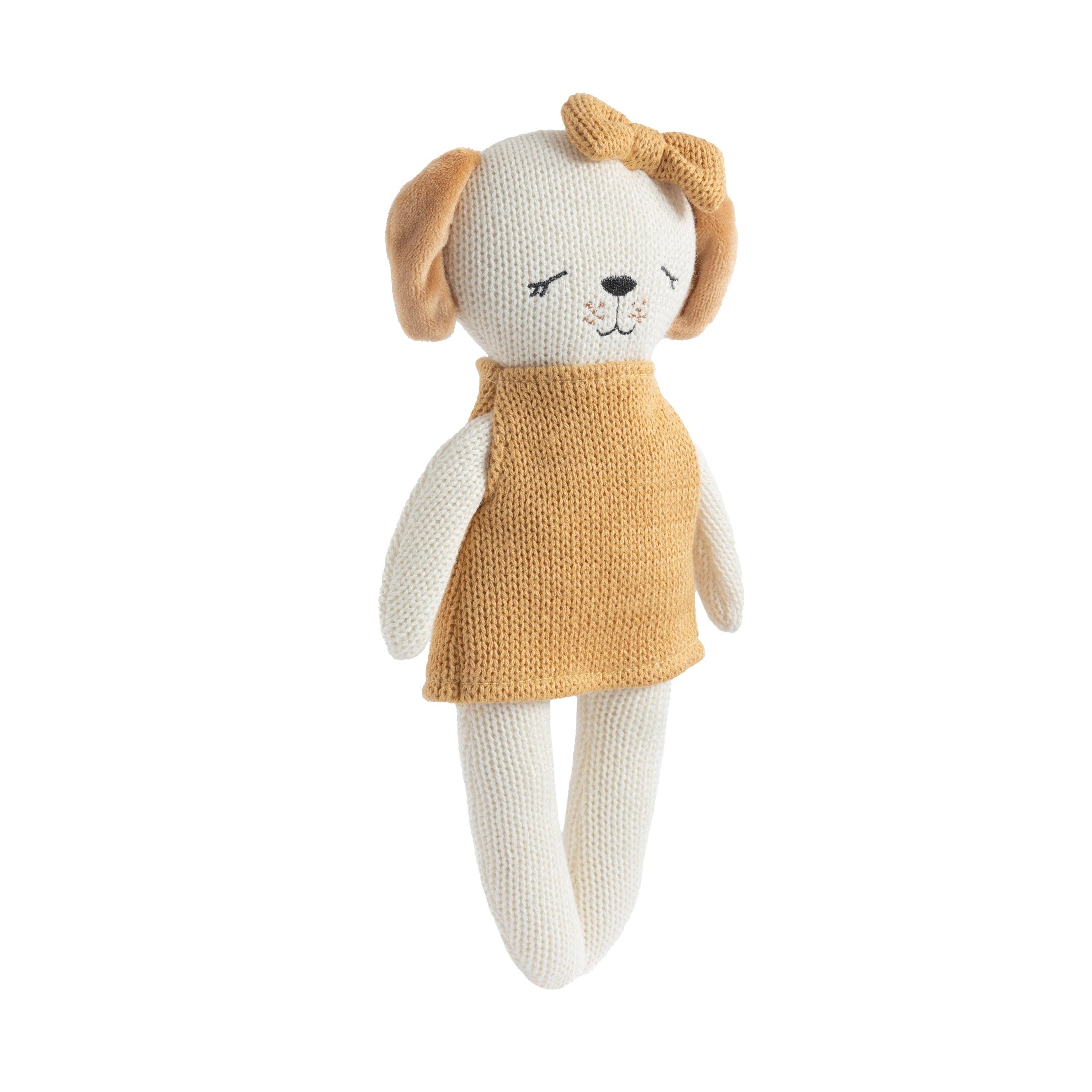 Living Textiles knitted animal toy featuring Paula the puppy, soft and cuddly plush puppy for children.