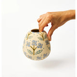 Jones & Co Pollen Vase Blue Floret, ceramic vase with blue floral design, ideal for decorative floral arrangements.