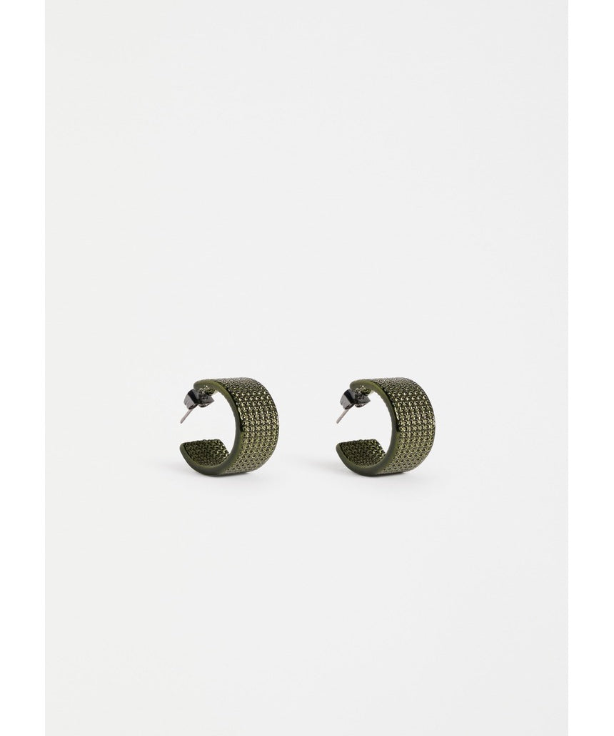 Dark olive ELK The Label Glynn small hoop earring, close-up of gold-tone earrings with a sleek, minimalist design.