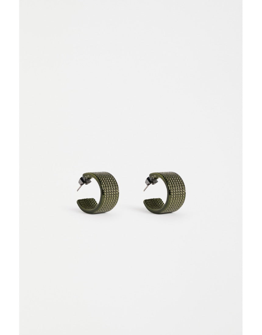 Dark olive ELK The Label Glynn small hoop earring, close-up of gold-tone earrings with a sleek, minimalist design.