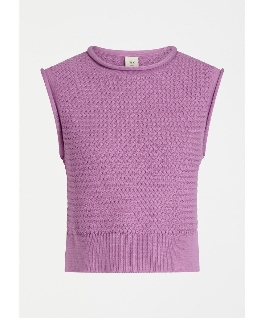 Violet knit vest from ELK The Label's Naya collection, featuring a cozy, stylish knitwear design for layered outfits.