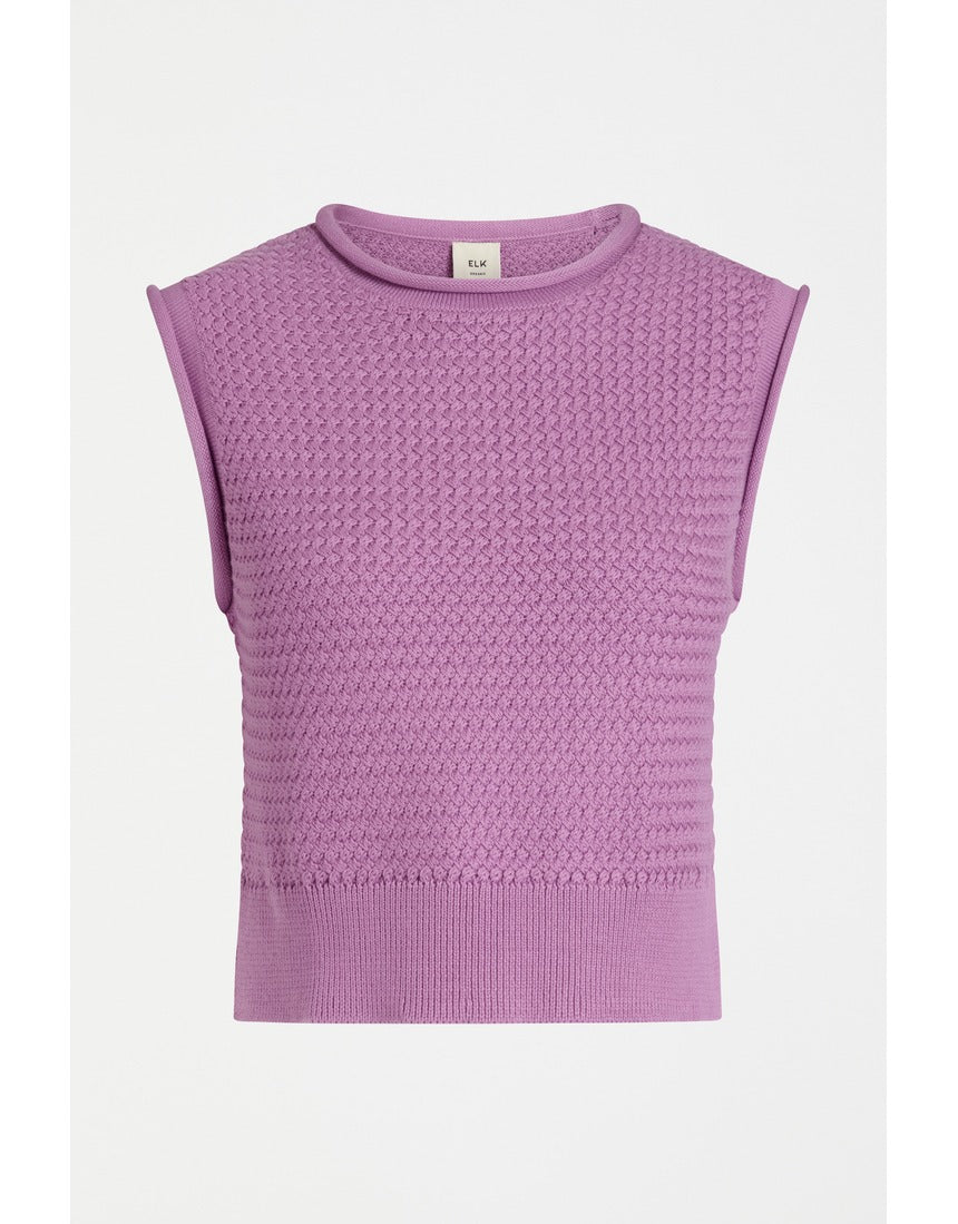 Violet knit vest from ELK The Label's Naya collection, featuring a cozy, stylish knitwear design for layered outfits.