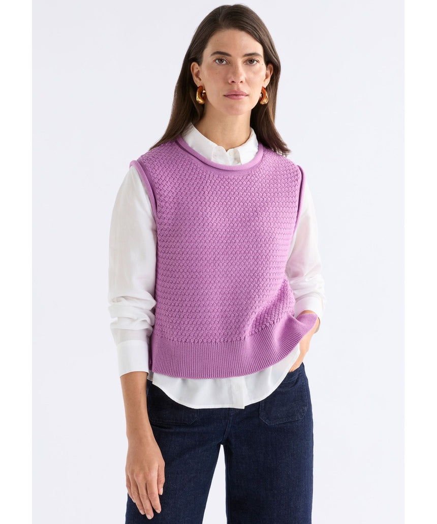 Violet ELK The Label Naya Knit Vest, a stylish knitwear piece with a textured pattern and sleeveless design.