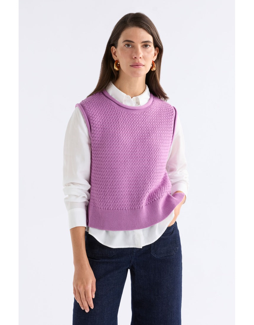 Violet ELK The Label Naya Knit Vest, a stylish knitwear piece with a textured pattern and sleeveless design.