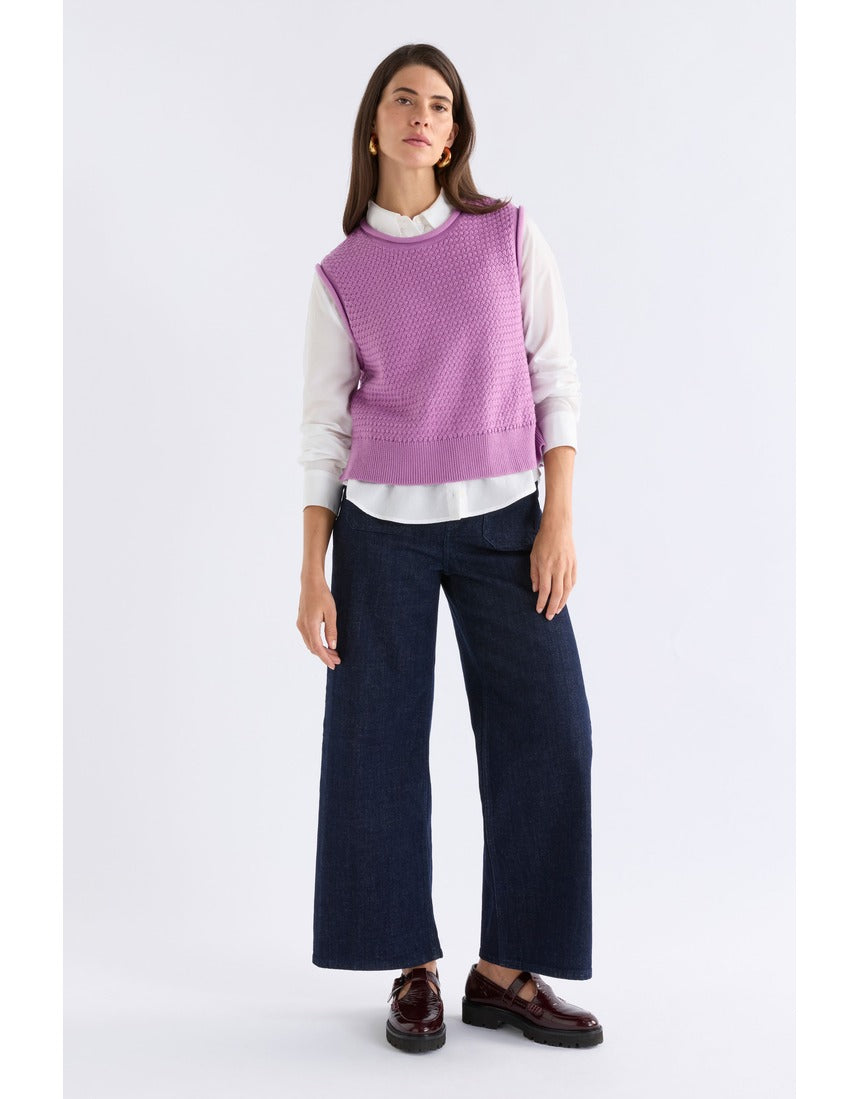 Violet Elk Naya Knit Vest by ELK The Label, featuring cozy knitwear with a fitted design and ribbed details.
