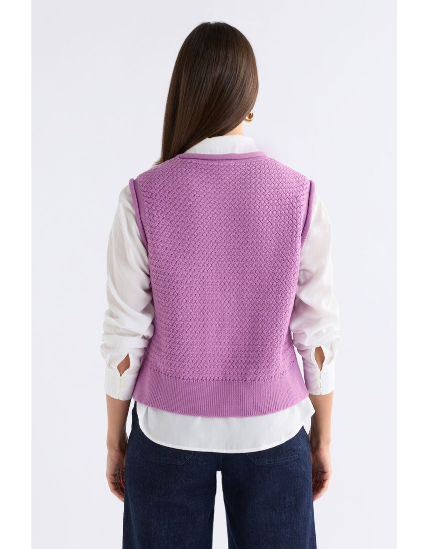 Violet Elk Naya Knit Vest by ELK The Label, featuring a cozy knitwear design with a relaxed fit and ribbed detailing.