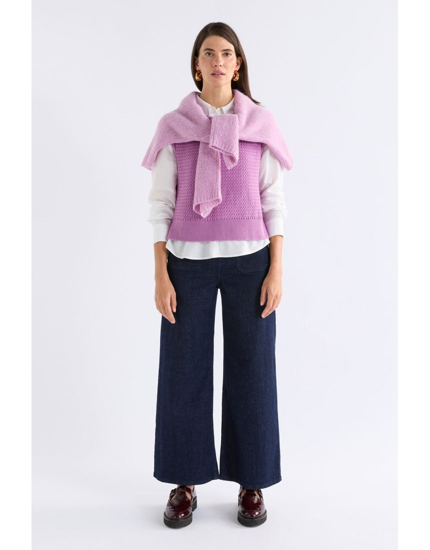 ELK The Label Naya Knit Vest in violet, featuring a cozy knitwear design with a sleeveless style and textured pattern.