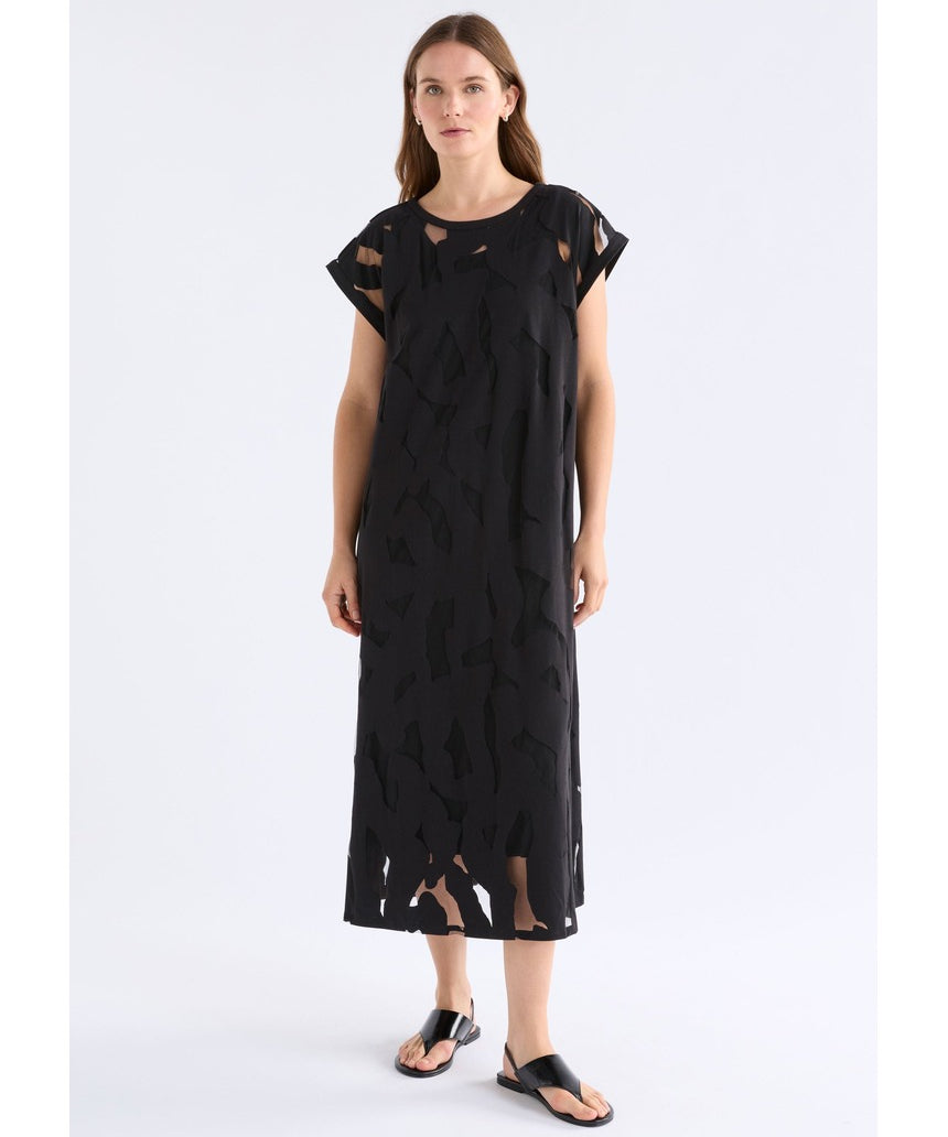 Black Elk Varr Burnout Dress by ELK The Label, featuring a stylish burnout fabric and elegant fit for versatile wear.