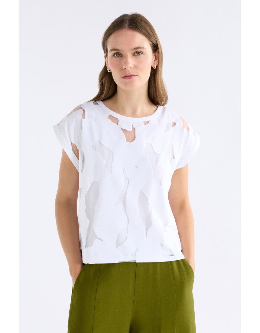 White Elk Varr Burnout Top from ELK The Label, featuring lightweight, semi-sheer fabric and relaxed fit.