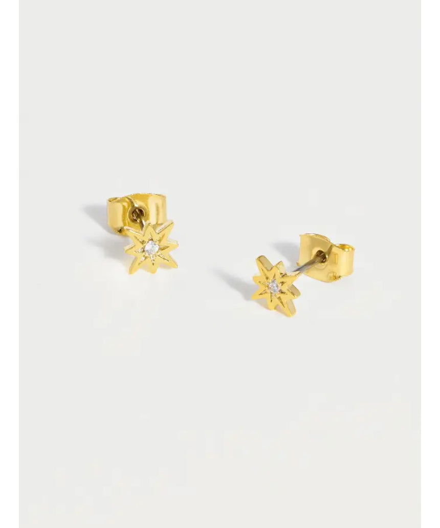 Estella Bartlett North Star stud earrings featuring small, shiny star-shaped silver earrings on a white background.