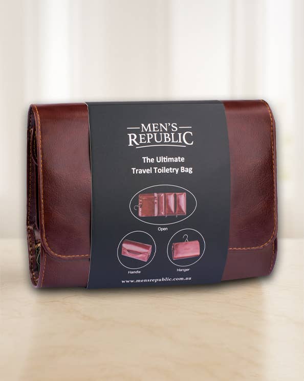 Men's Republic travel toiletry bag with hanger, compact cosmetic and toiletry organizer for men, in black with multiple compartments.