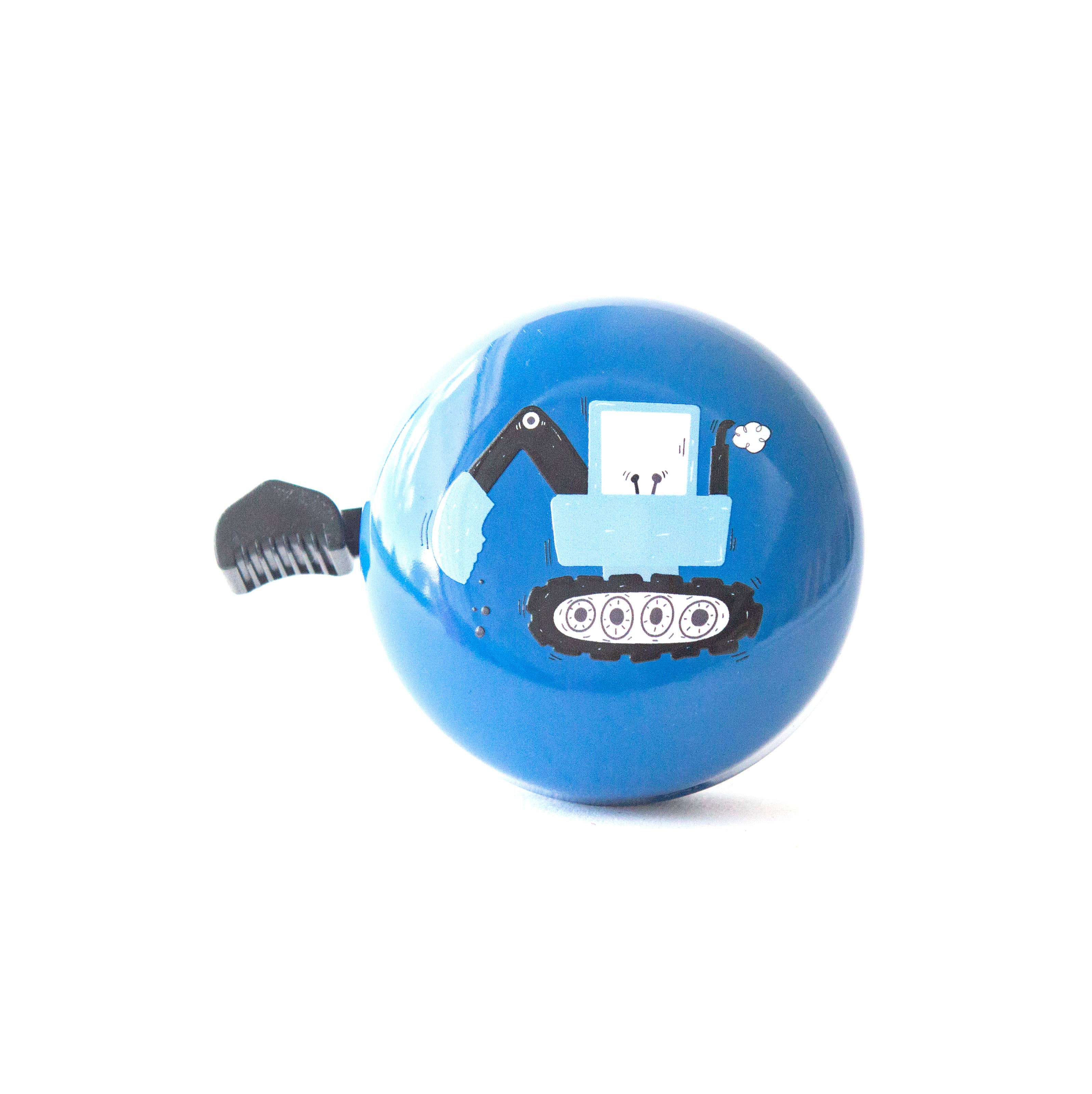 Dark blue Beep Digger Bike & Scooter Bell with a fun digger design, mounted on a bicycle handlebar for alerting others.