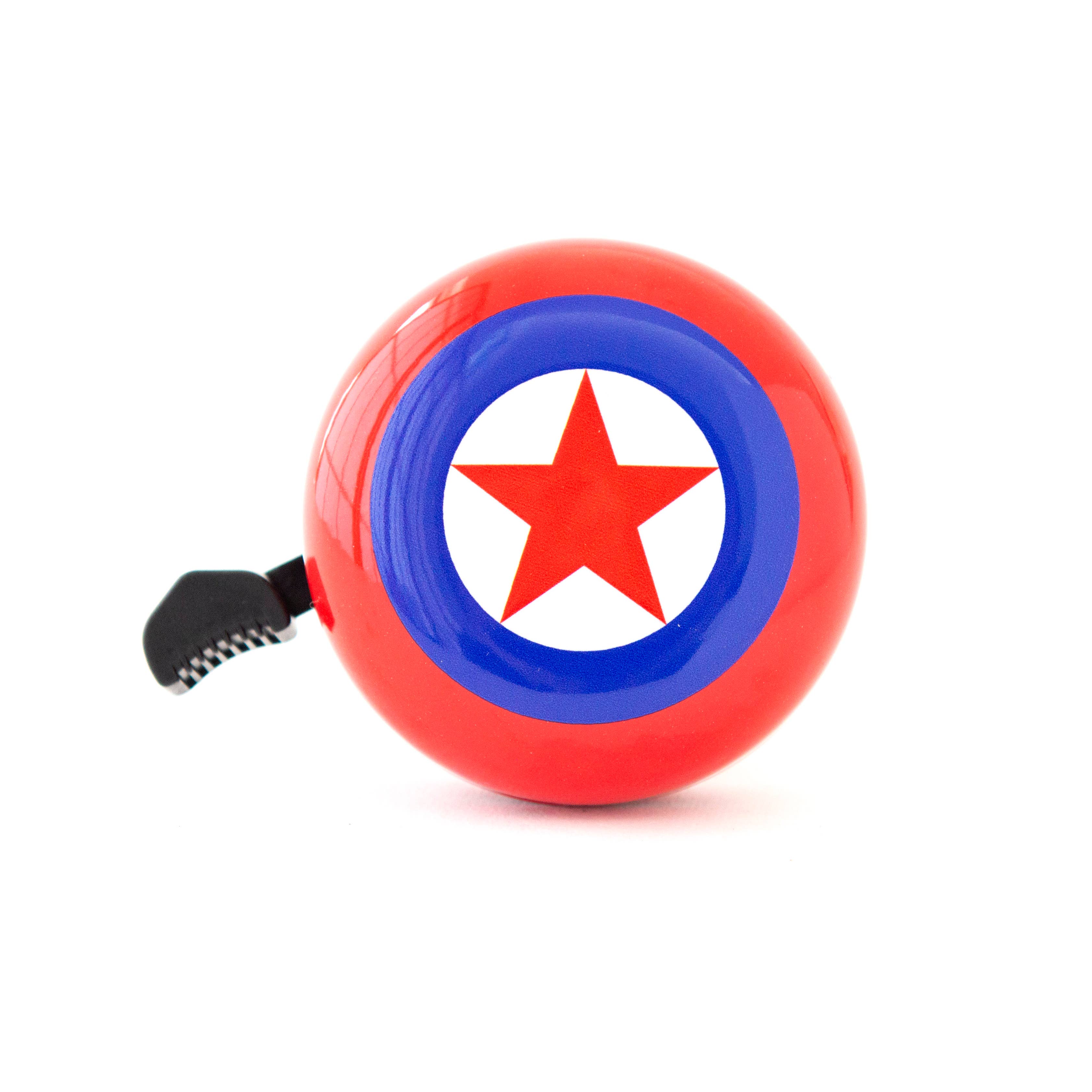 Red Beep Super Hero Bike and Scooter Bell with cartoon superhero design on a metallic bell for cycling safety.