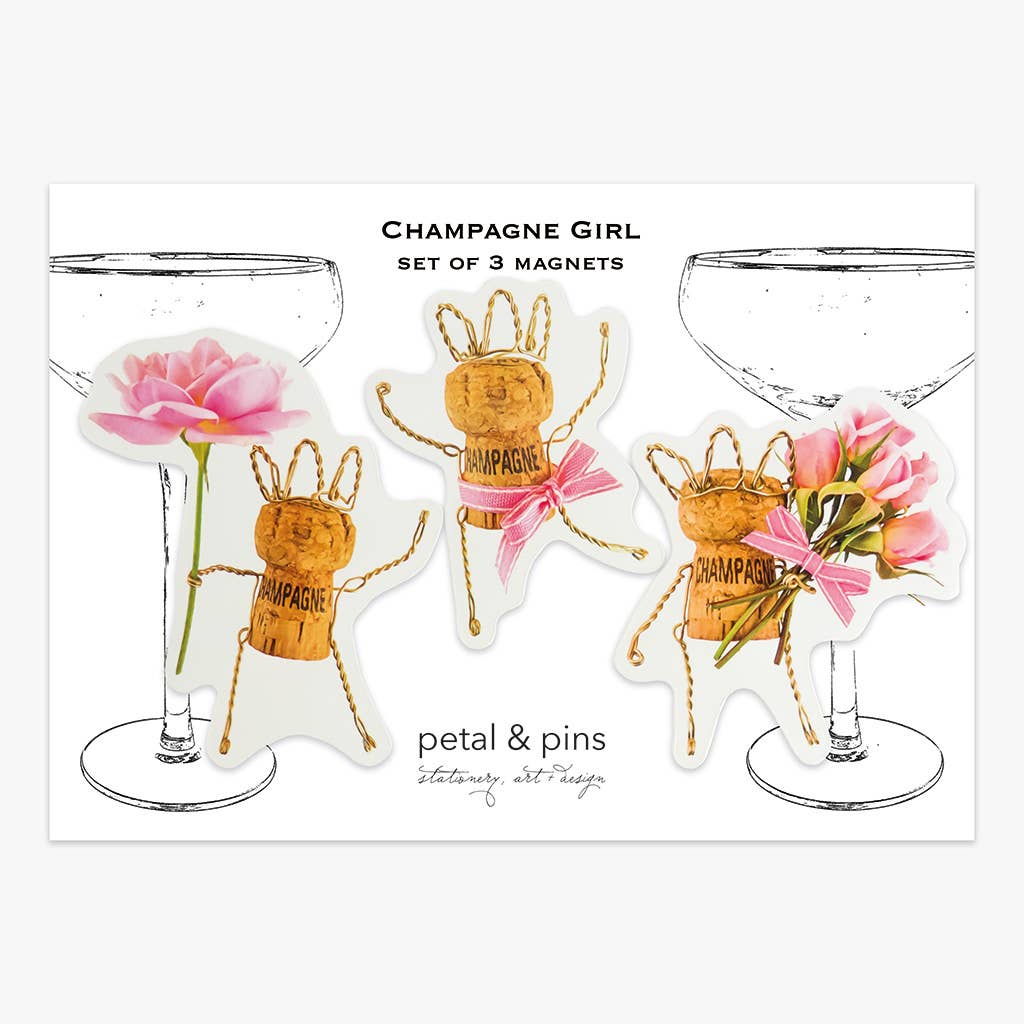 Set of three Champagne Girl magnets by Petal & Pins featuring colorful, decorative magnetic designs for fridge or metal surfaces.