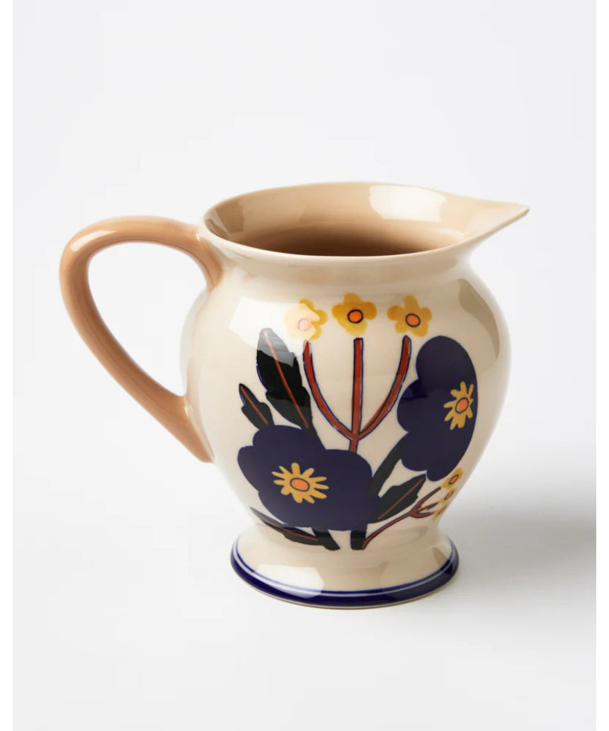 Jones & Co blue bloom pitcher vase with floral design, ceramic container for flowers and decorative displays.