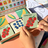 Lauren Sissons Studio Fruit and Veg Memory & Matching Game with colorful wooden pieces featuring various fruits and vegetables.