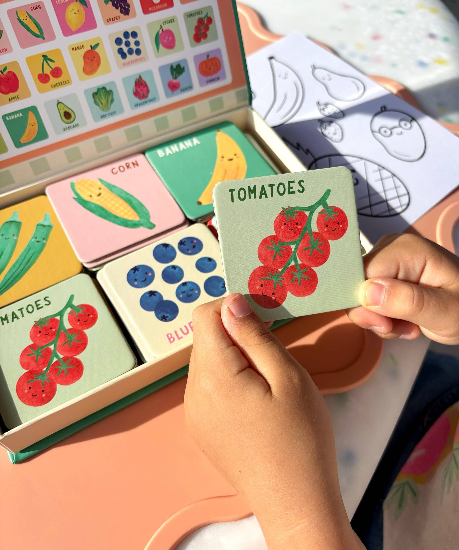 Lauren Sissons Studio Fruit and Veg Memory & Matching Game with colorful wooden pieces featuring various fruits and vegetables.