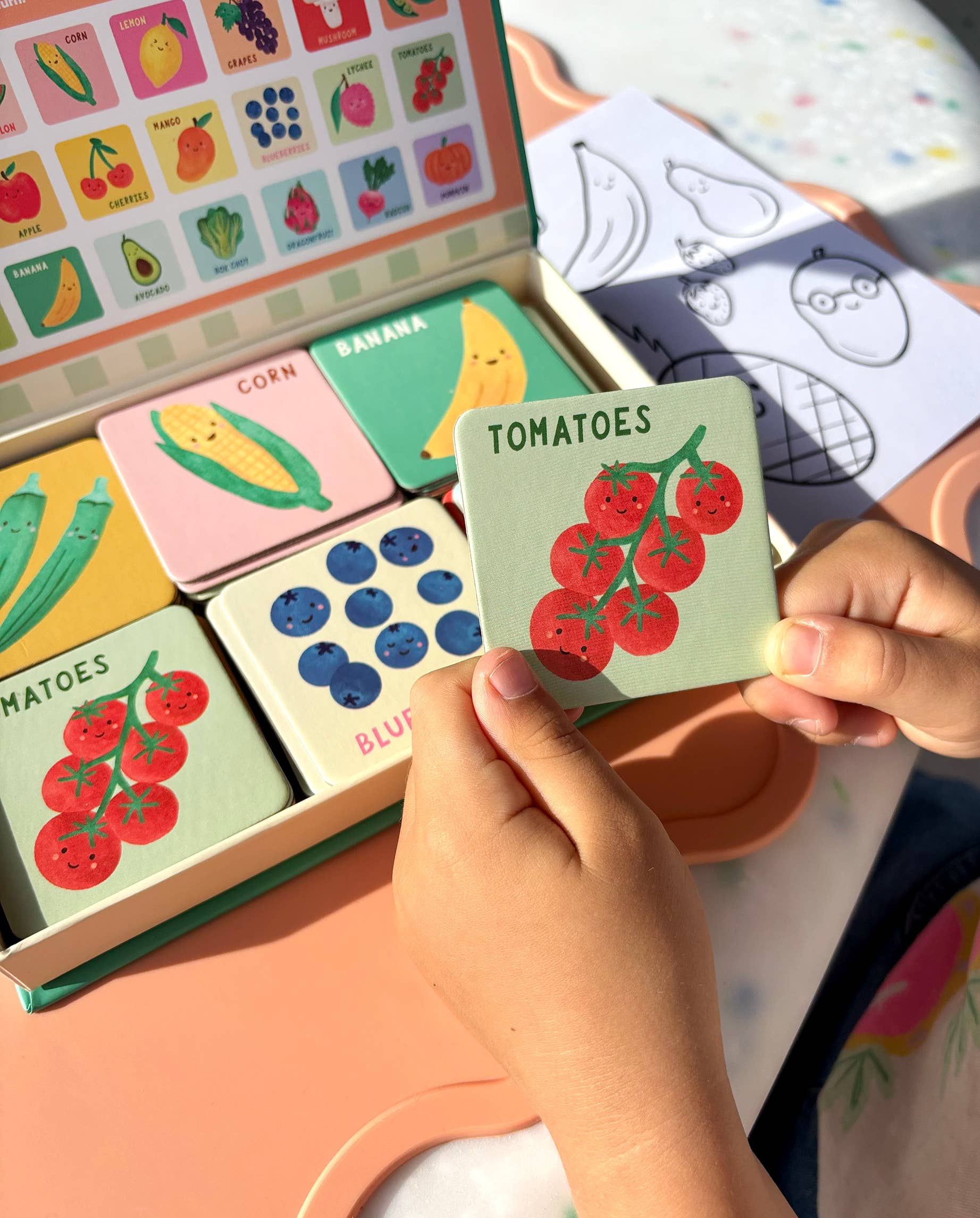 Lauren Sissons Studio Fruit and Veg Memory & Matching Game with colorful wooden pieces featuring various fruits and vegetables.