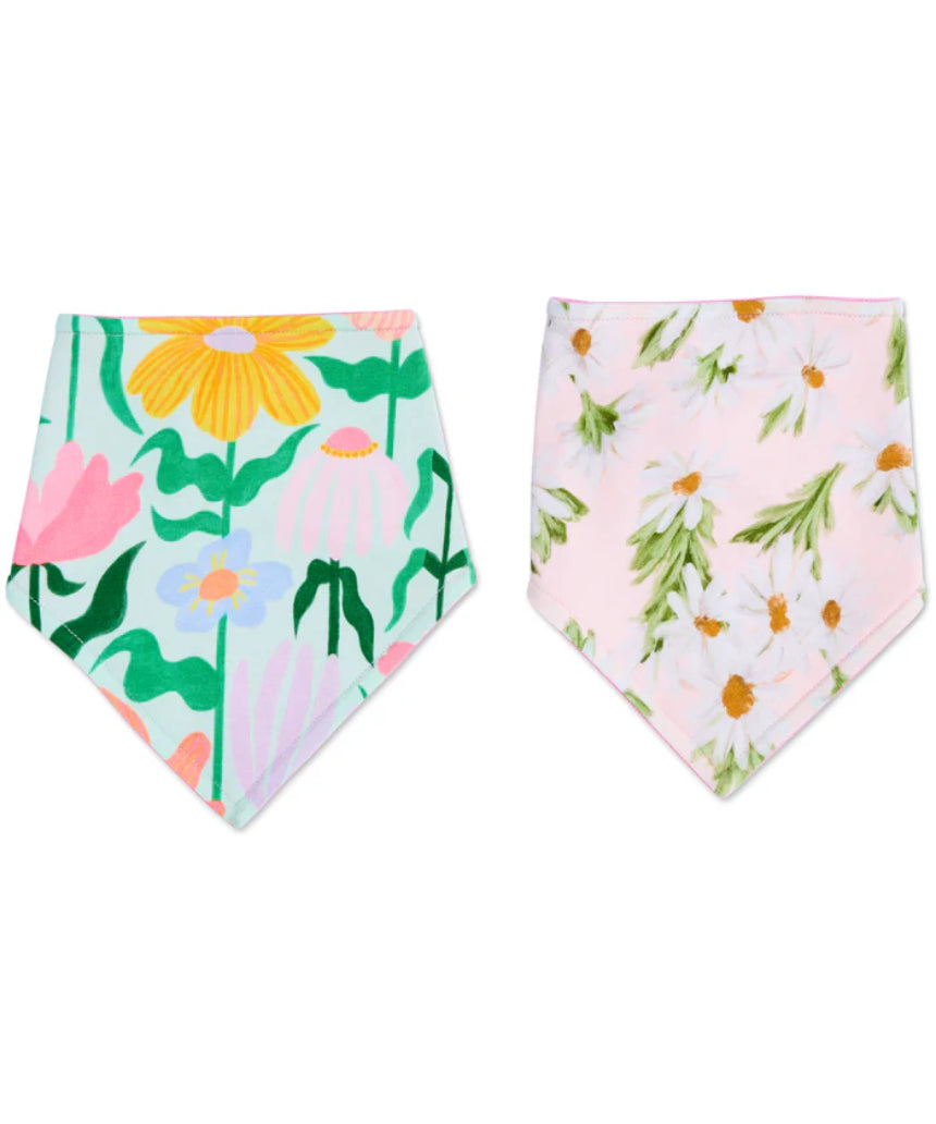 Kip & Co Sweet Flowers dribble bib set with colorful floral patterns on soft fabric for babies.