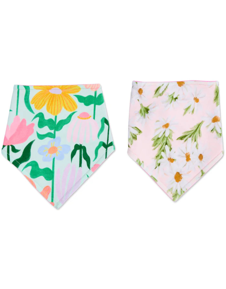 Kip & Co Sweet Flowers dribble bib set with colorful floral patterns on soft fabric for babies.