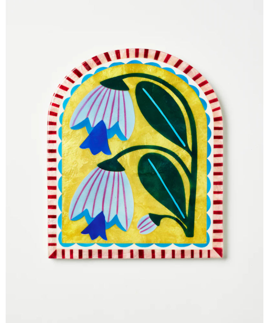 Jones & Co Bloom Nouveau Yellow Arch wall decor featuring a vibrant yellow floral design on a decorative wall piece.