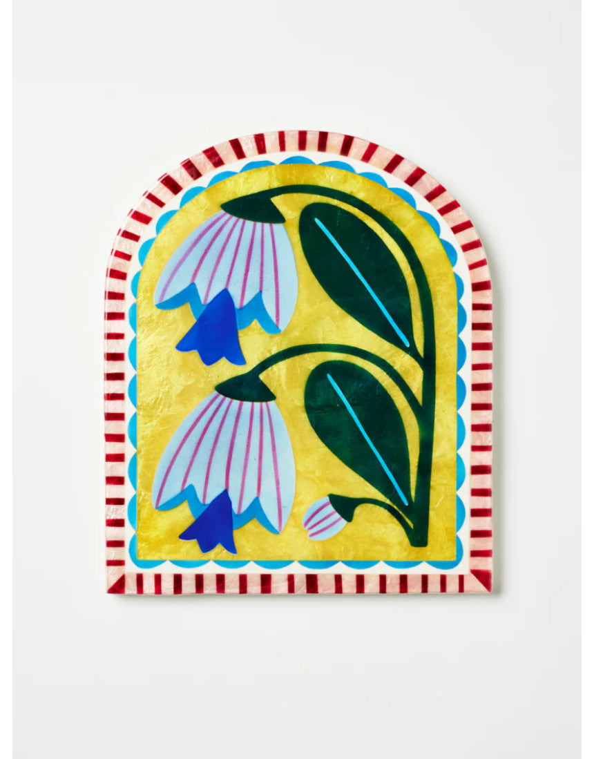 Jones & Co Bloom Nouveau Yellow Arch wall decor featuring a vibrant yellow floral design on a decorative wall piece.