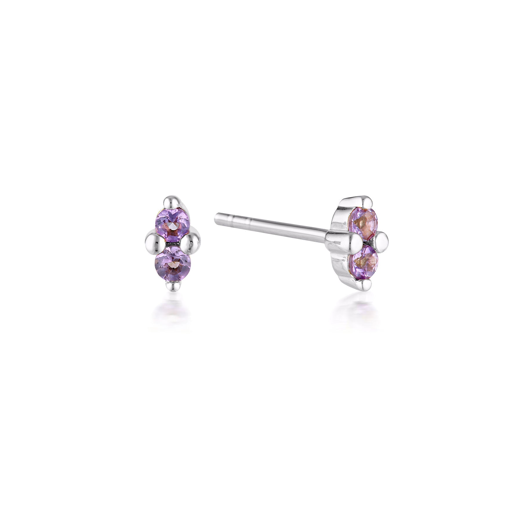 Linda Tahija February birthstone stud earrings with purple amethyst gemstones set in silver.