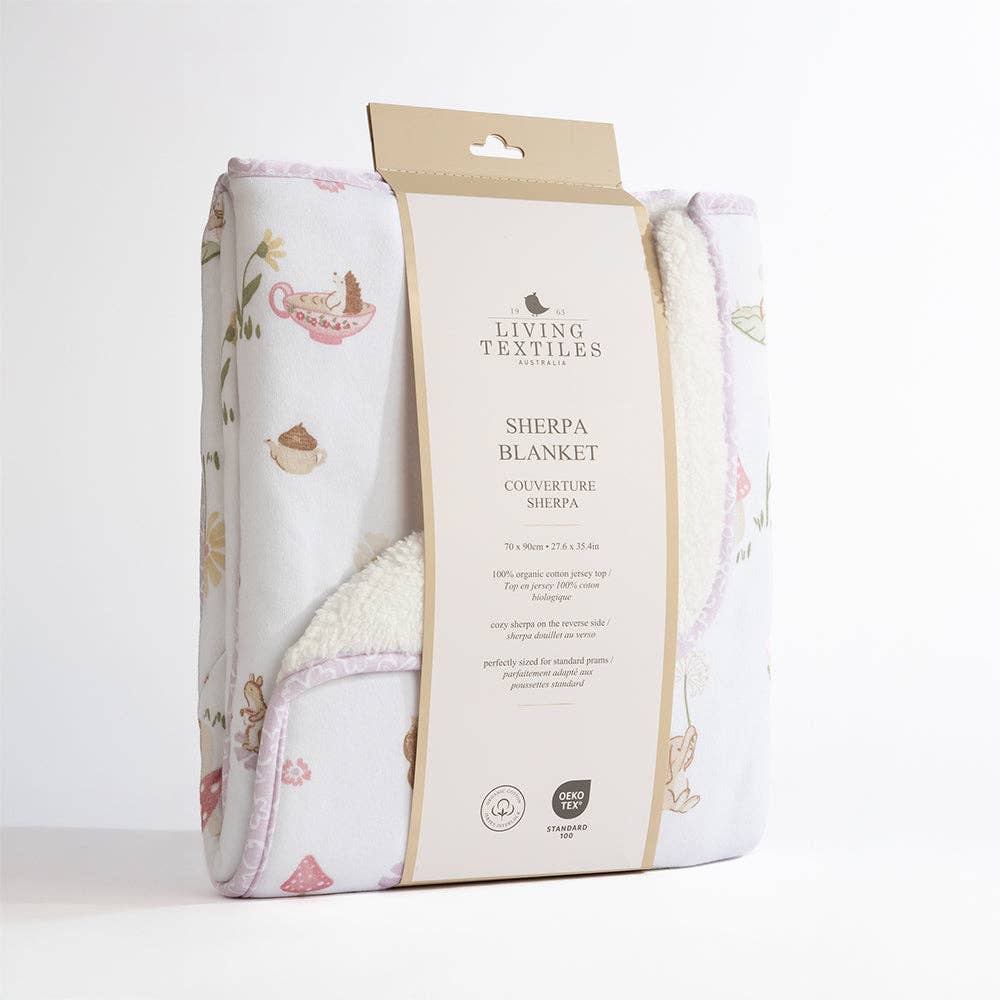 Living Textiles Jersey Sherpa Pram Blanket in Whimsical Wonderland with soft fabric and whimsical printed design for babies.
