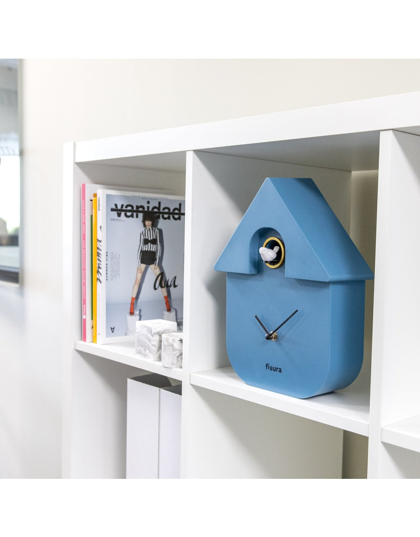 Blue Fisura cuckoo clock with a classic design, featuring a wooden case and traditional clock face with cuckoo bird detail.