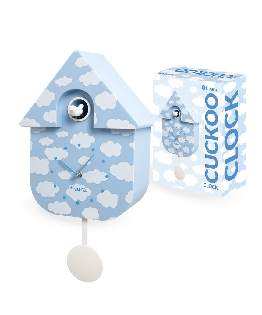 Fisura cuckoo clock with cloud-shaped design and wooden finish, showcasing intricate details and a classic clock face.