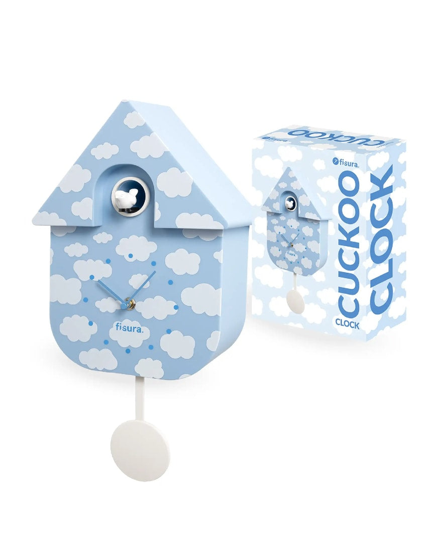 Fisura cuckoo clock with cloud-shaped design and wooden finish, showcasing intricate details and a classic clock face.