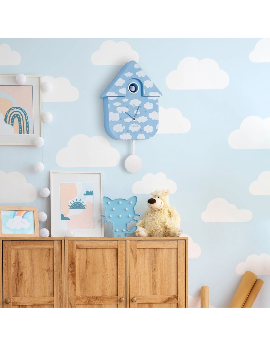 Fisura cuckoo clock featuring a cloud design with a wooden finish and traditional clock face, showcasing a decorative timepiece.