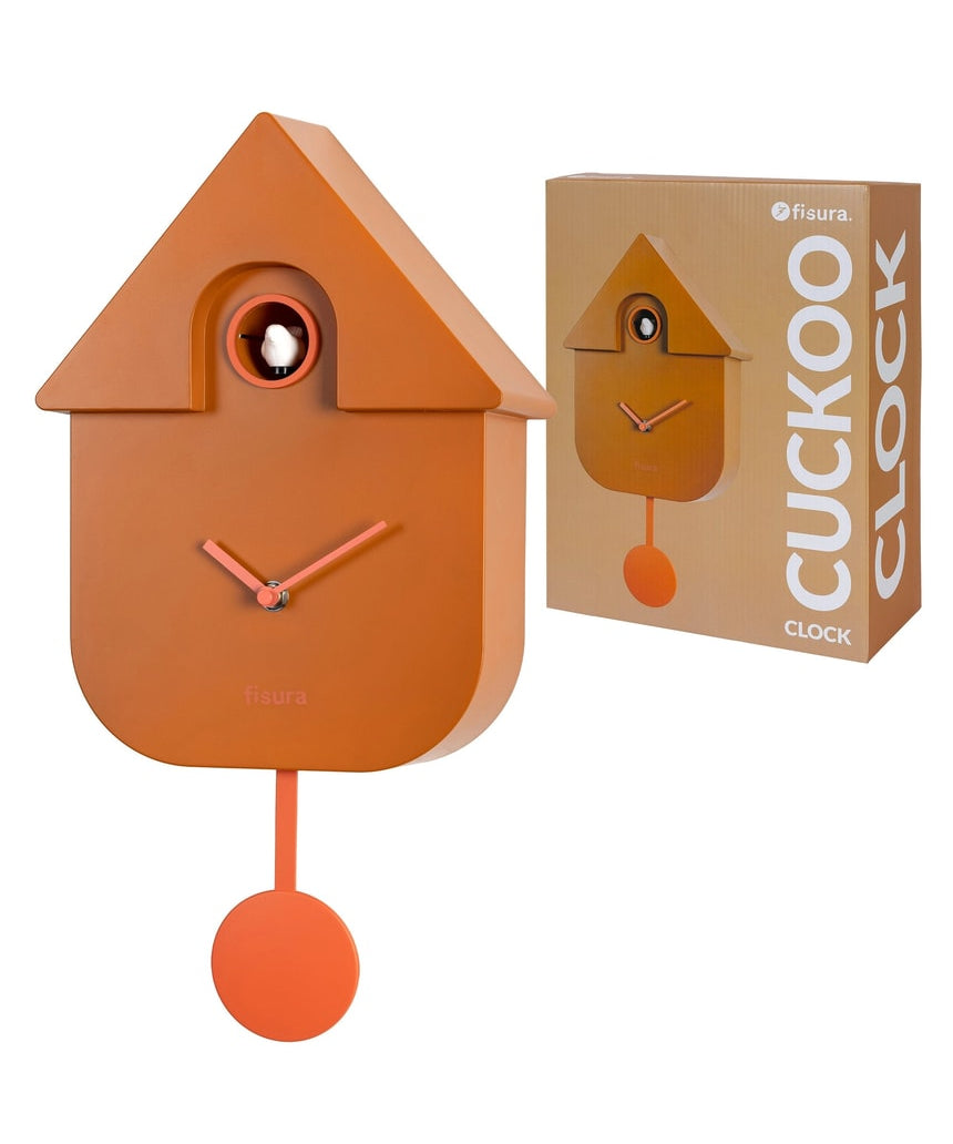 Terracotta Fisura cuckoo clock with traditional design and wooden accents, featuring a small bird figure on the clock face.