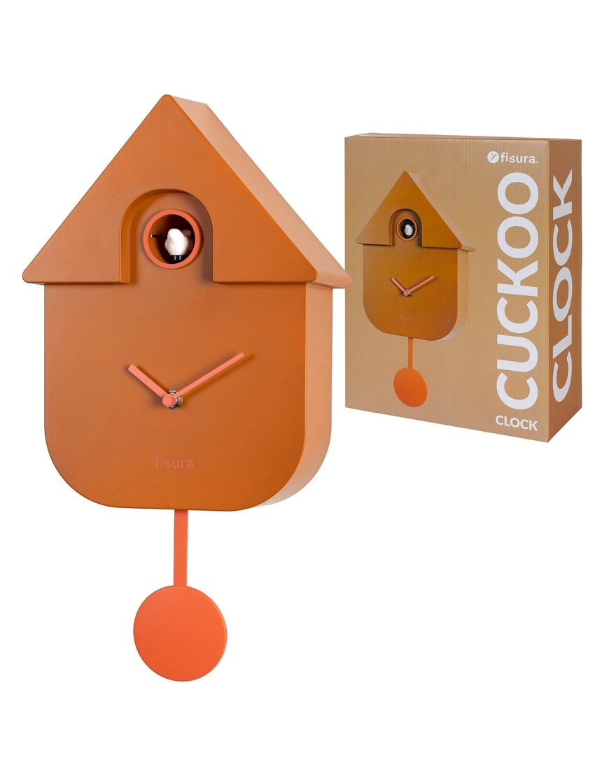 Terracotta Fisura cuckoo clock with traditional design and wooden accents, featuring a small bird figure on the clock face.