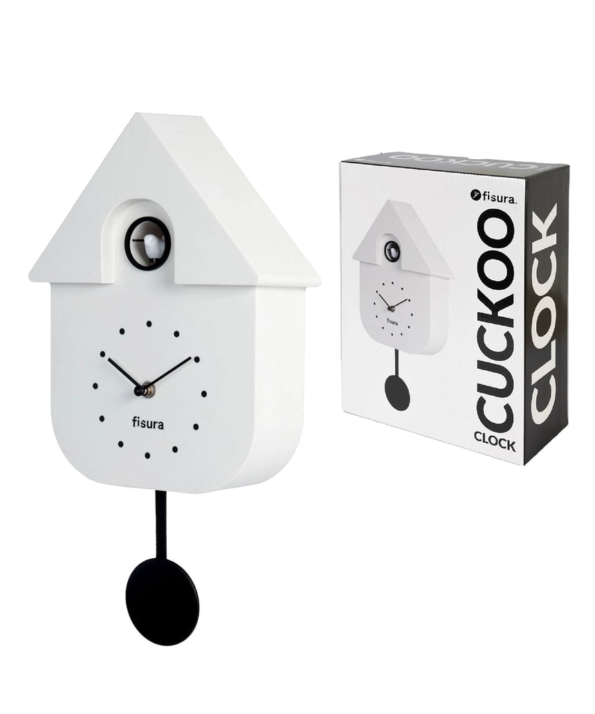 White Fisura cuckoo clock with traditional design and wooden details, showcasing the clock face and bird ornament.