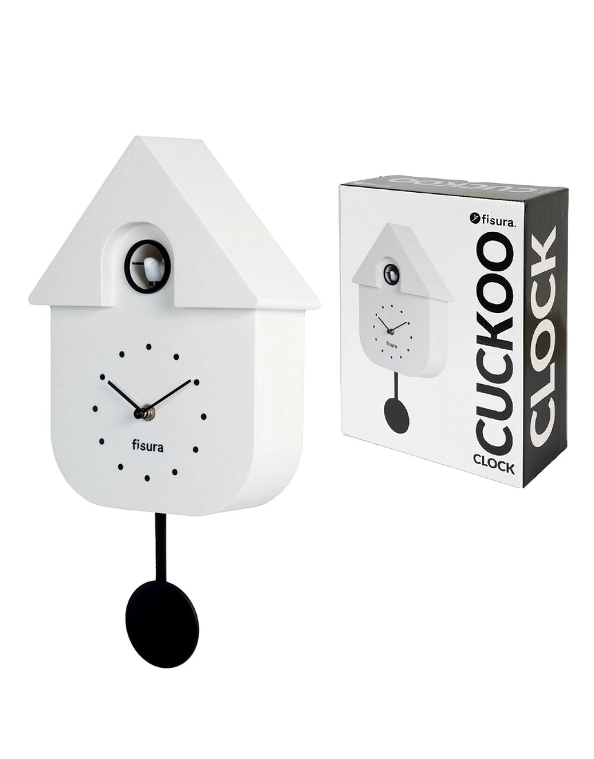 White Fisura cuckoo clock with traditional design and wooden details, showcasing the clock face and bird ornament.